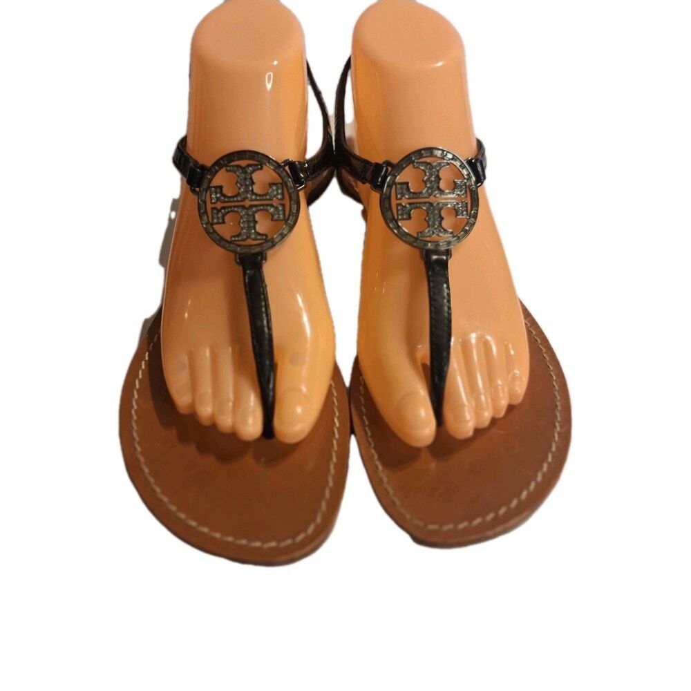 Tory Burch Slingback T Rhinestone Logo Black Patent Leather Women's Sandals. ...